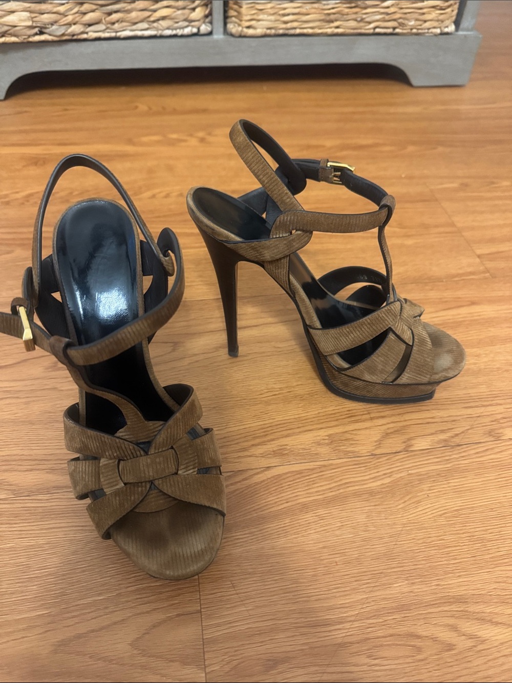 Yves Saint Laurent Brown Suede Bow Strappy Stiletto Sandals